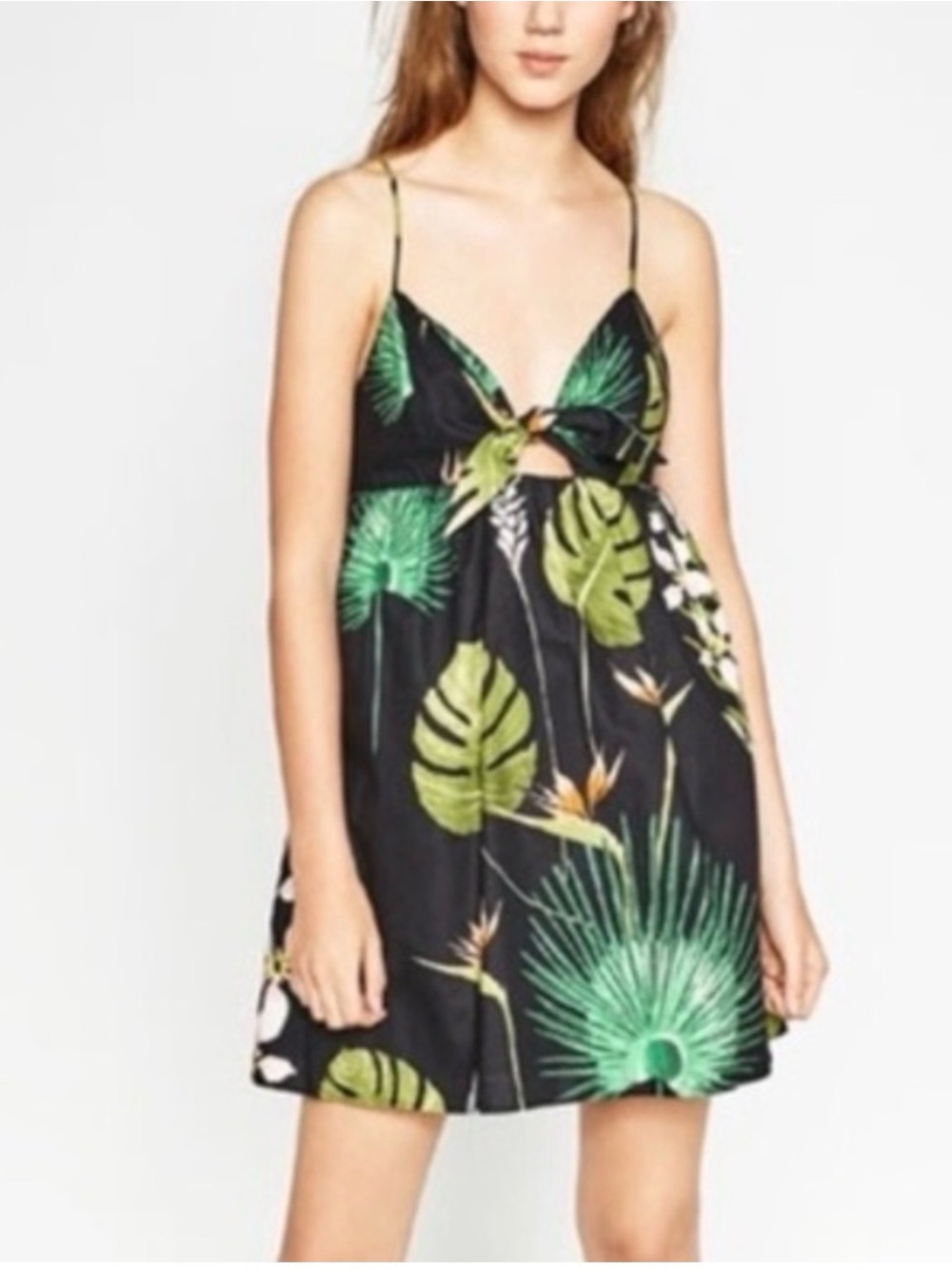 Zara Black Mini Dress with Green Tropical Leaf Print